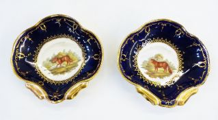 Pair of late 18th century Coalport 'Animal' pattern shell-shaped dishes with painted cartouche of