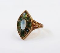 Late Georgian gold-coloured, emerald and opal ring, marquise-shaped and set centre opal,