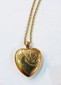 9ct gold heart-shaped locket on chain with engraved decoration, 6.