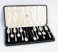 Set of six coffee spoons, six teaspoons and a pair of sugar tongs by Josiah Williams & Co,