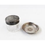 Silver mounted cut glass toilet jar and foreign silver coloured metal pintray
