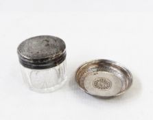 Silver mounted cut glass toilet jar and foreign silver coloured metal pintray