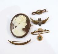 Gold-coloured bar brooch set with a central freshwater pearl flanked by two turquoise-coloured
