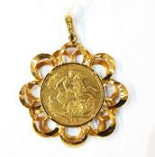 Edwardian gold full sovereign 1908 in 9ct gold pendant coin mount, total weight approx.