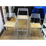 20th century silver coloured metal and wooden inset seat bar stool and a set of four matching