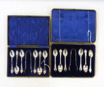 Edward V cased set of silver coffee spoons and sugar nips, Sheffield 1910, maker's mark M.W&S, 3.