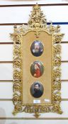 Set of three framed antique ceramic portrait miniatures viz:- woman in red and white headdress,