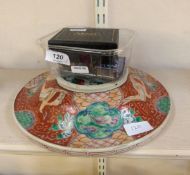 Oriental porcelain lid, circular and ogee shaped, decorated with panels of flowers and birds,