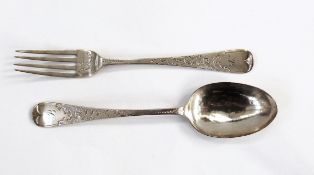 Child's late Victorian christening spoon and fork, Old English pattern and foliate scroll engraved,