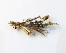 9ct gold floral brooch inset with six multicoloured gemstones, possibly zircons and two seedpearls,