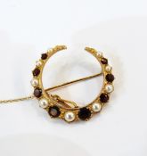 9ct gold crescent brooch set with alternating cultured pearls and garnets
