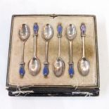 Set of six 20th century enamel and silver coffee spoons with enamel finial of gentleman in blue