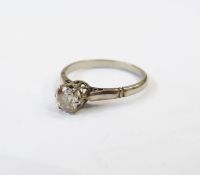 White metal solitaire diamond ring, the old cut diamond measuring approx. 5.4mm across and 2.