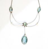 Early 20th century white metal, aquamarine and seedpearl necklace with two oval-cut aquamarines,
