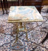 Pair marble topped gilt metal occasional tables, square with foliate scroll supports,