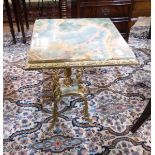 Pair marble topped gilt metal occasional tables, square with foliate scroll supports,