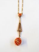 15ct gold and coral rose pendant brooch with rose drop,