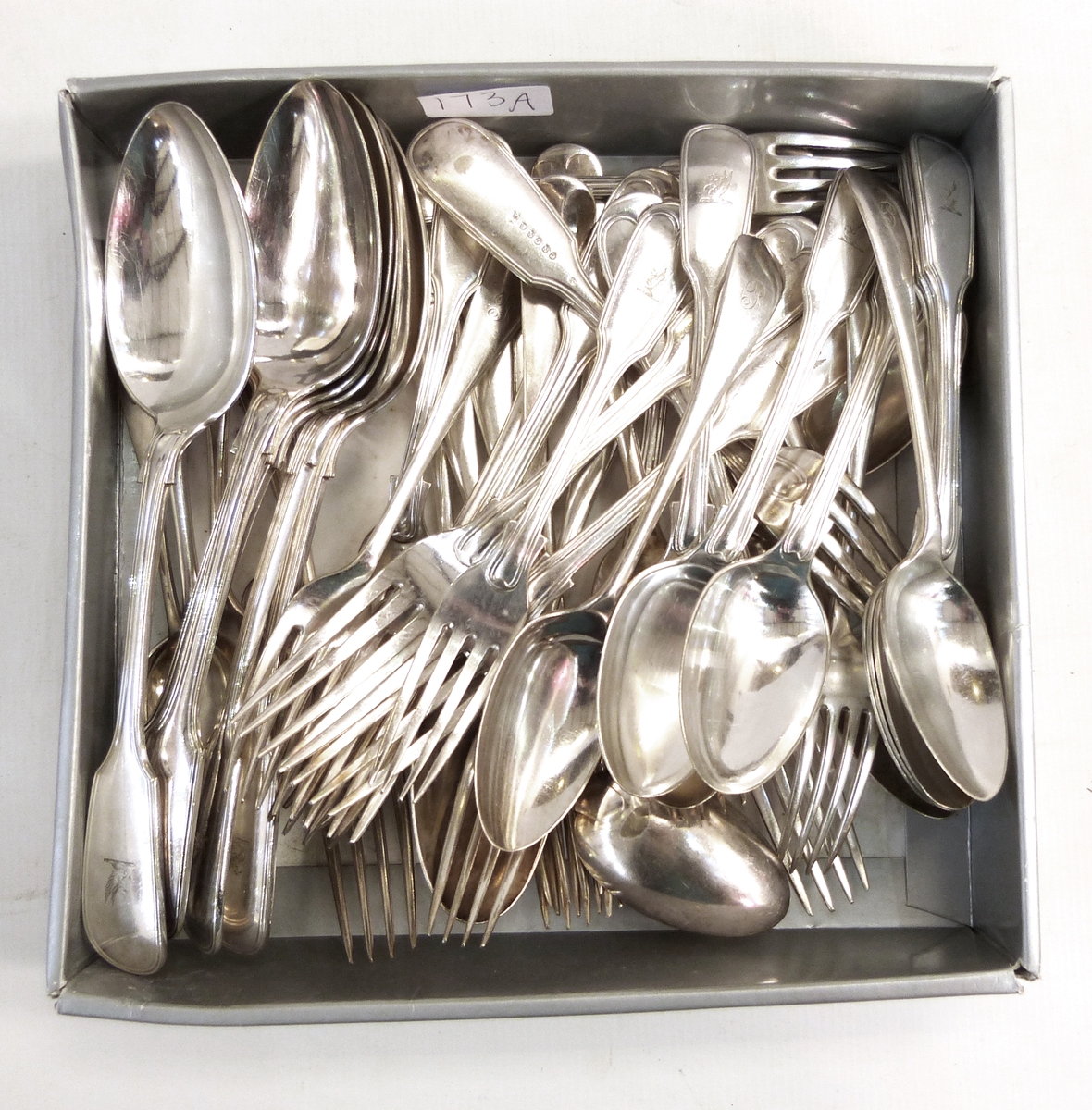 Quantity of 19th century fiddle and thread pattern plated flatware to include six tablespoons,
