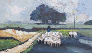 Piet van Ost (Belgium, 20th century) Oil on canvas Shepherd and flock in landscape,