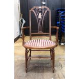 Edwardian inlaid mahogany open armchair,