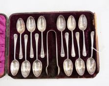 Set of 12 silver teaspoons, Old English pattern, with pair spoon-end sugar nips,