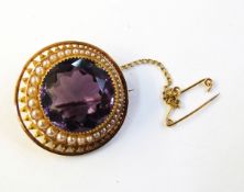 Gold-coloured metal, amethyst and seedpearl brooch,