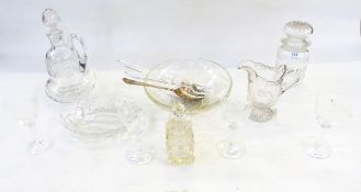 Victorian pressed glass cream jug, a cut glass wine ewer, a cut glass scent bottle,