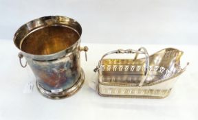 Silver plate ice bucket with ring handles and foliate engraving,