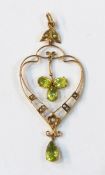 Edwardian 9ct gold peridot and seedpearl pendant,