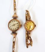 Lady's 9ct cased gold wristwatch on 9ct gold strap and another with broken strap (2)