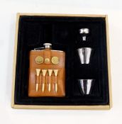 A Gentleman's modern golf set comprising a leather bound hip flask with tees, markers,