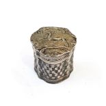 Dutch silver pill box, the lid decorated with a stag with weave decoration to box,
