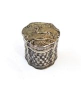 Dutch silver pill box, the lid decorated with a stag with weave decoration to box,