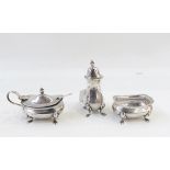 Set of three silver condiments, with cut glass borders raised on pad feet, salt pepper and mustard,