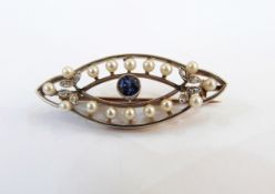 Victorian gold, seedpearl, blue stone (possibly topaz) and diamond bar brooch,