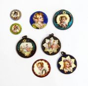 Three enamelled white metal pendant discs decorated with French figures,