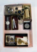 Quantity of costume jewellery, watch chains, silver fobs,