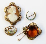 9ct gold turquoise seedpearl crescent brooch and three other brooches