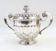 Edwardian mid 18th century style cup and cover, two handled, gadrooned and stiff leaf decoration,
