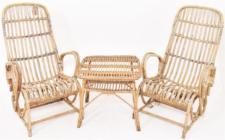 A pair of 1950s Vintage bamboo armchairs and table