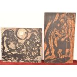 Two 20th Century German carved wood panels of allegorical scene and abstract study. H=72, W=43, D=