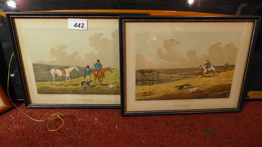 A pair of coloured prints, in black fram