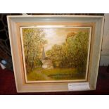 M A Stevens, an oil on canvas laid on beard of a church in a wooded landscape, unsigned framed 25