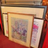 A glazed and framed print of flowers by Jacques Bills, together with a Leonore Zimmerman print,