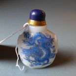 A Chinese vaseline glass snuff bottle hand painted with blue dragons, signed to base