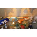 A collection of miniature porcelain items, a bamboo and antler riding crop and other items