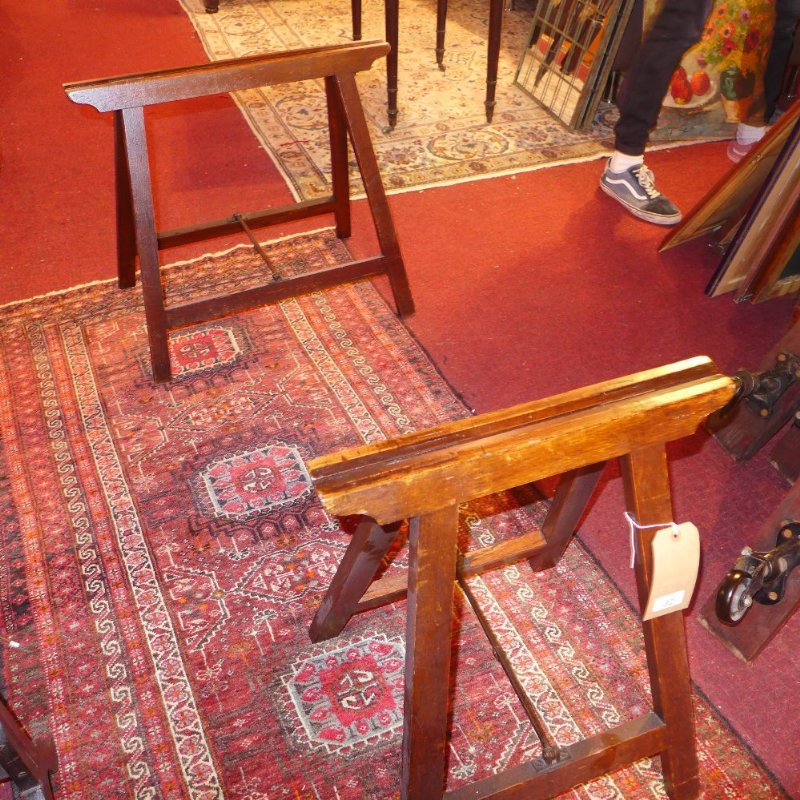 A pair of 19th century oak and cast iron coffin trestles - Image 2 of 2