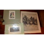 Two unframed 19th century coloured prints and an unframed etching signed K. Blackmore