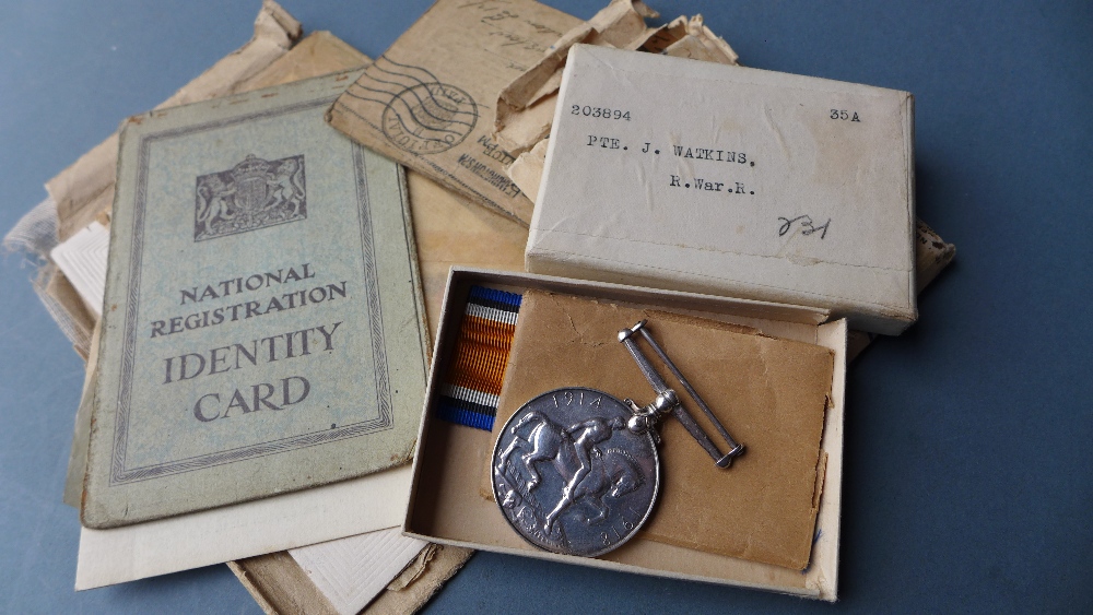A collection of military items belonging to Private John Watkins (born 22/2/1893) including British