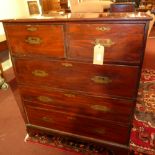 A 19th century mahogany campaign chest in two sections, having two short over three long drawers,